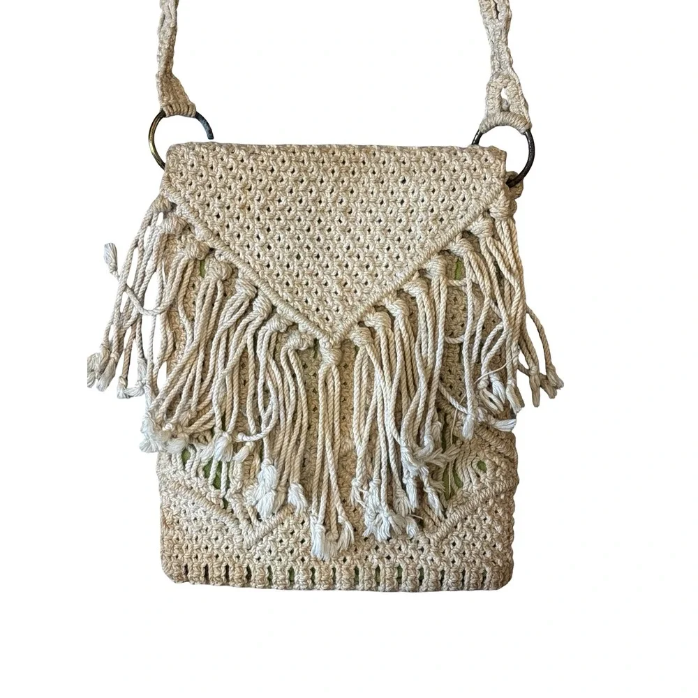 Vintage Macrame Fringe Crossbody Bag Cream Boho Woven Festival Purse Small